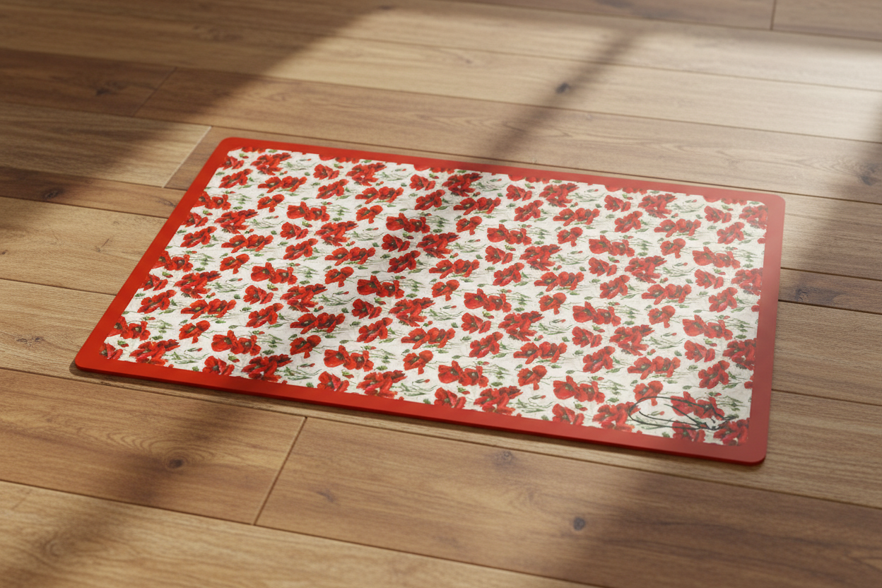 Red Poppy Mat on Wood Floor