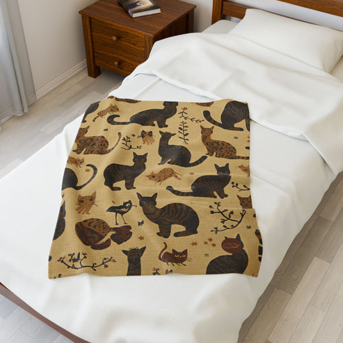 Velveteen Plush Blanket - Brown Cats