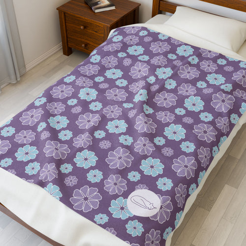 Velveteen Plush Blanket - Blue and Purple Flowers