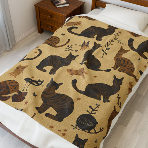 Velveteen Plush Blanket - Brown Cats