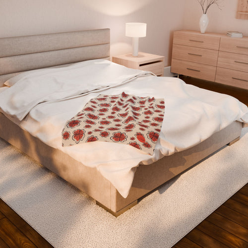 Velveteen Plush Blanket - Red Flowers