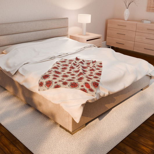 Velveteen Plush Blanket - Red Flowers