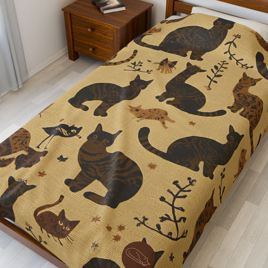 Velveteen Plush Blanket - Brown Cats