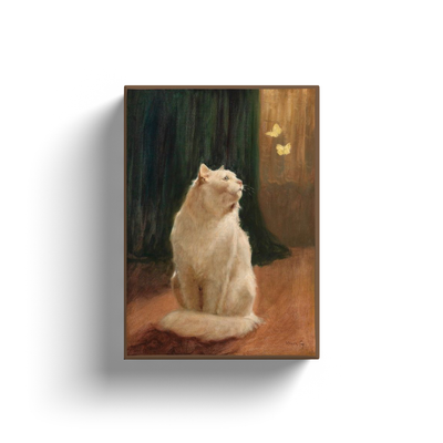 Gato blanco y dos mariposas de azufre.